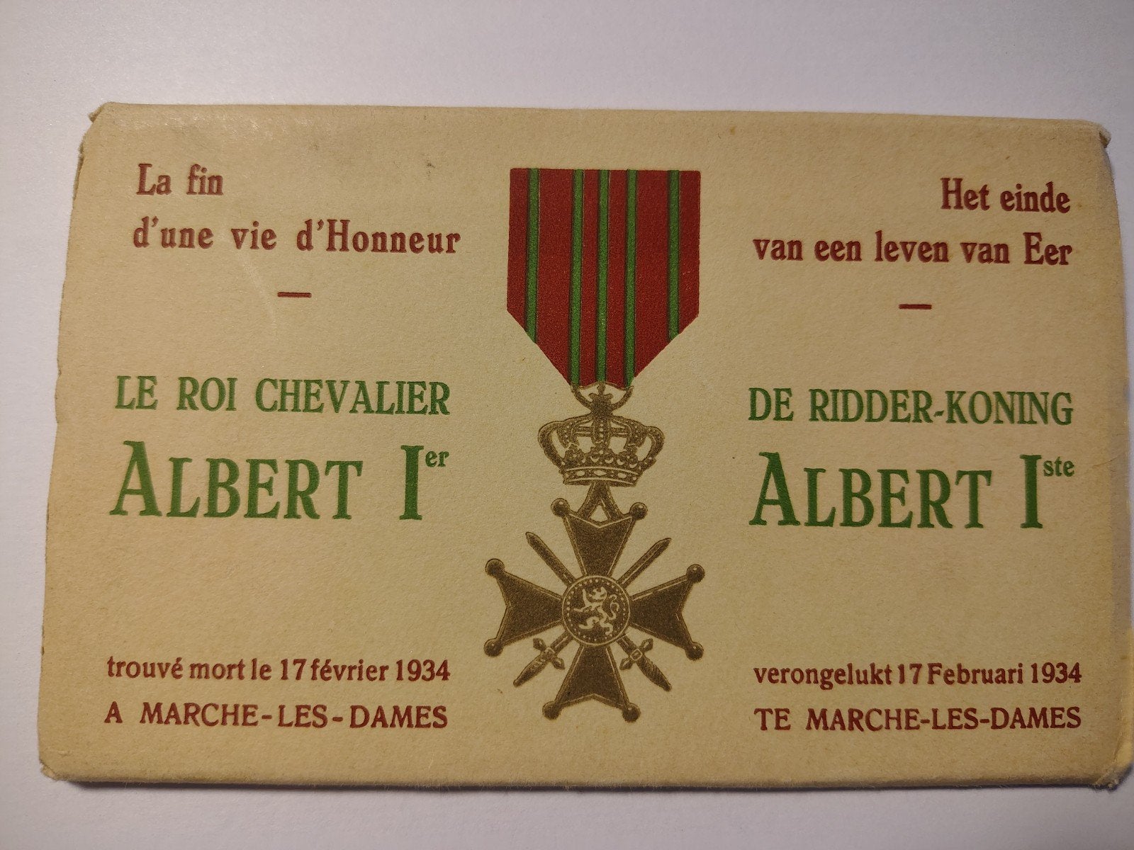 La fin d'une vie d'honneur LE ROI CHEVALIER ALBERT IER, Enlèvement ou Envoi