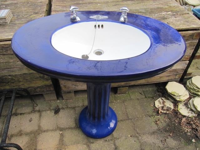 Supergave art deco wastafel op zuil diep blauw/paars, Ophalen, Wastafel