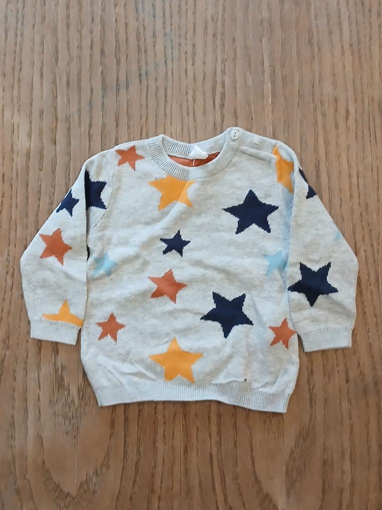 H&M Fijngebreide Trui Grijs met Gekleurde Sterren - Maat 68, Truitje of Vestje, H&M, Ophalen of Verzenden, Zo goed als nieuw