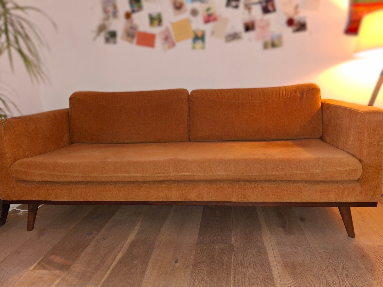 Vintage retro 3-zitszetel – cognac/oranje – houten poten, Vintage/retro, Bois, Enlèvement, Utilisé