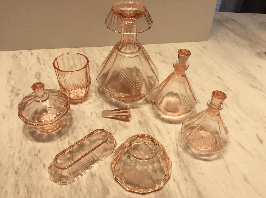 Art Deco toiletset/kaptafelset in rose glas, Ophalen of Verzenden