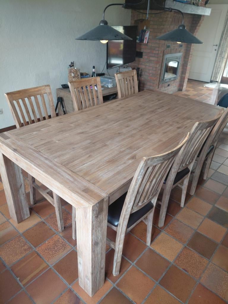 complete EETKAMER landelijk Acaciahout (5 stuks), Huis en Inrichting, Ophalen, Gebruikt, Landelijk / modern, 4 tot 6 stoelen