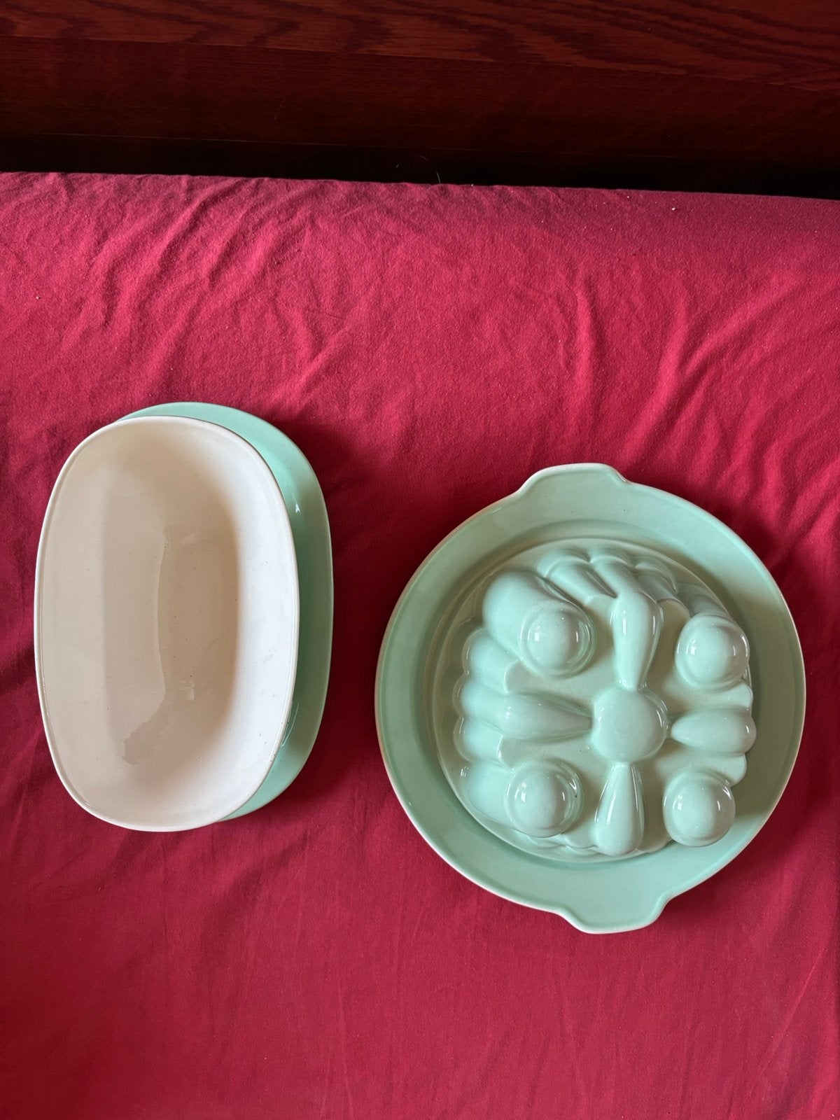 Pastel groene vintage pudding vorm en sauskom, Antiek en Kunst, Ophalen