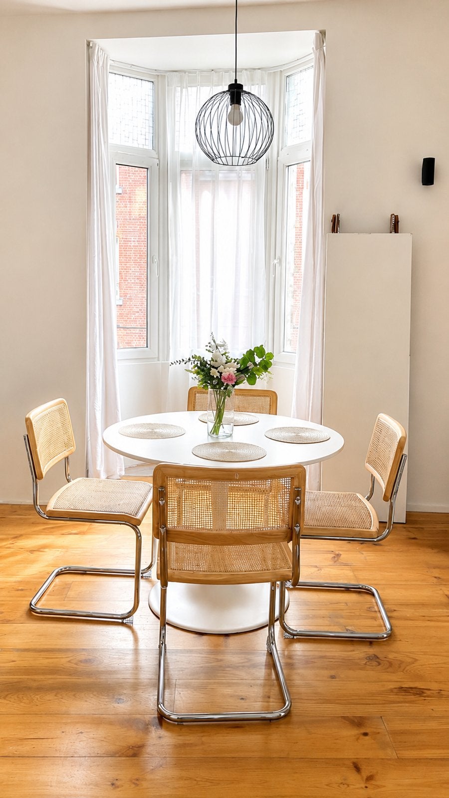 Table ronde + 4 chaises en cannage, Maison & Meubles, Enlèvement, Comme neuf