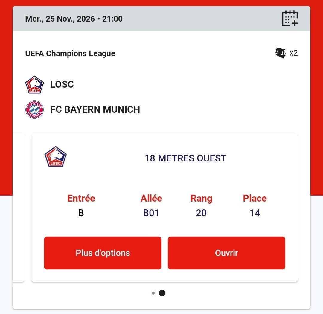 2 Billets Lille - Bayern Munich (UEFA Champions League), Tickets & Billets, Deux personnes