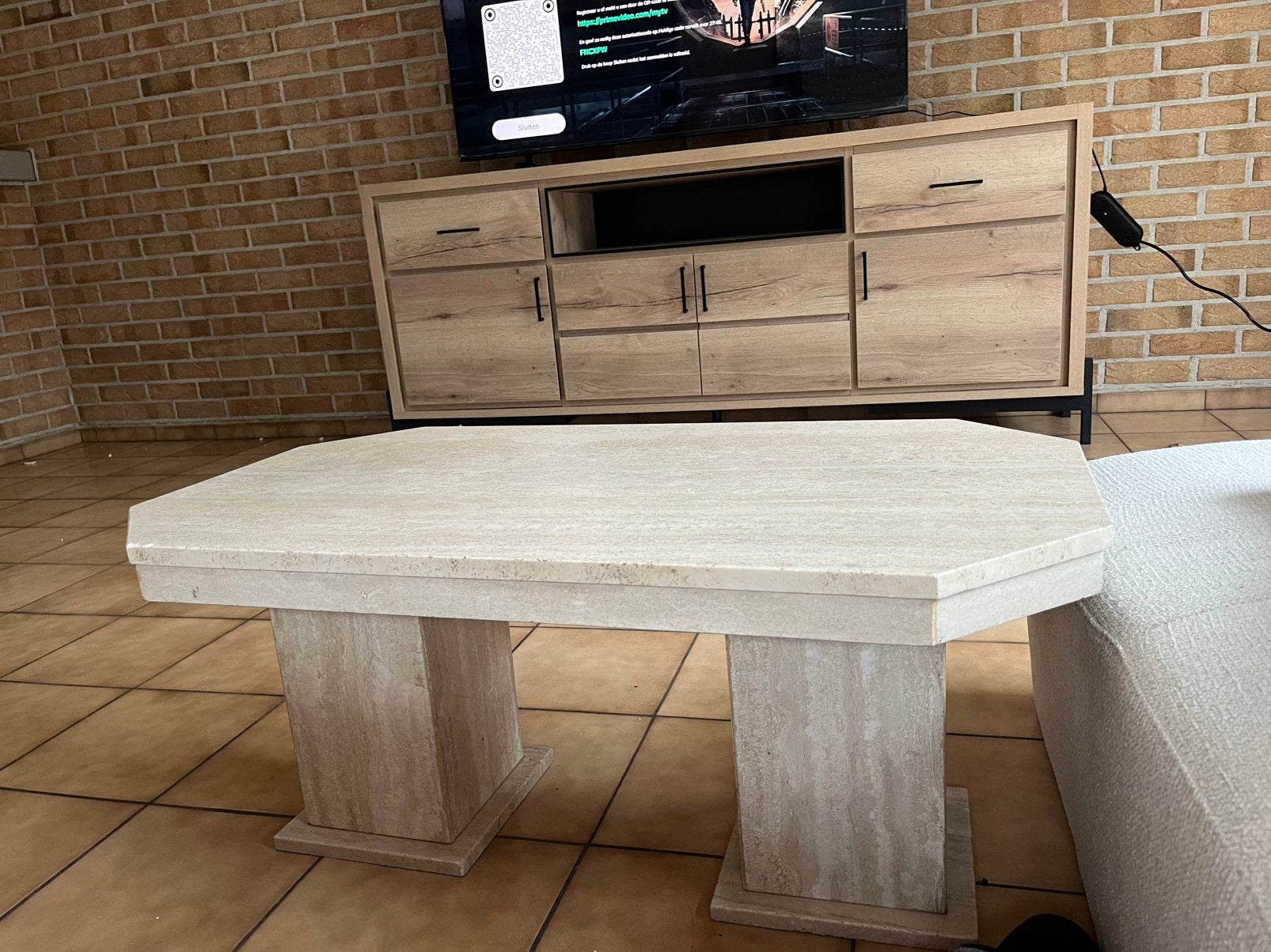 Table basse vintage en aspect travertin - 100x55x45 cm, Enlèvement