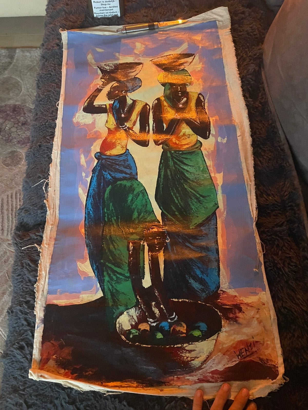 Afrikaans Schilderij op Vintage Meelzak uit Zaïre, Enlèvement ou Envoi