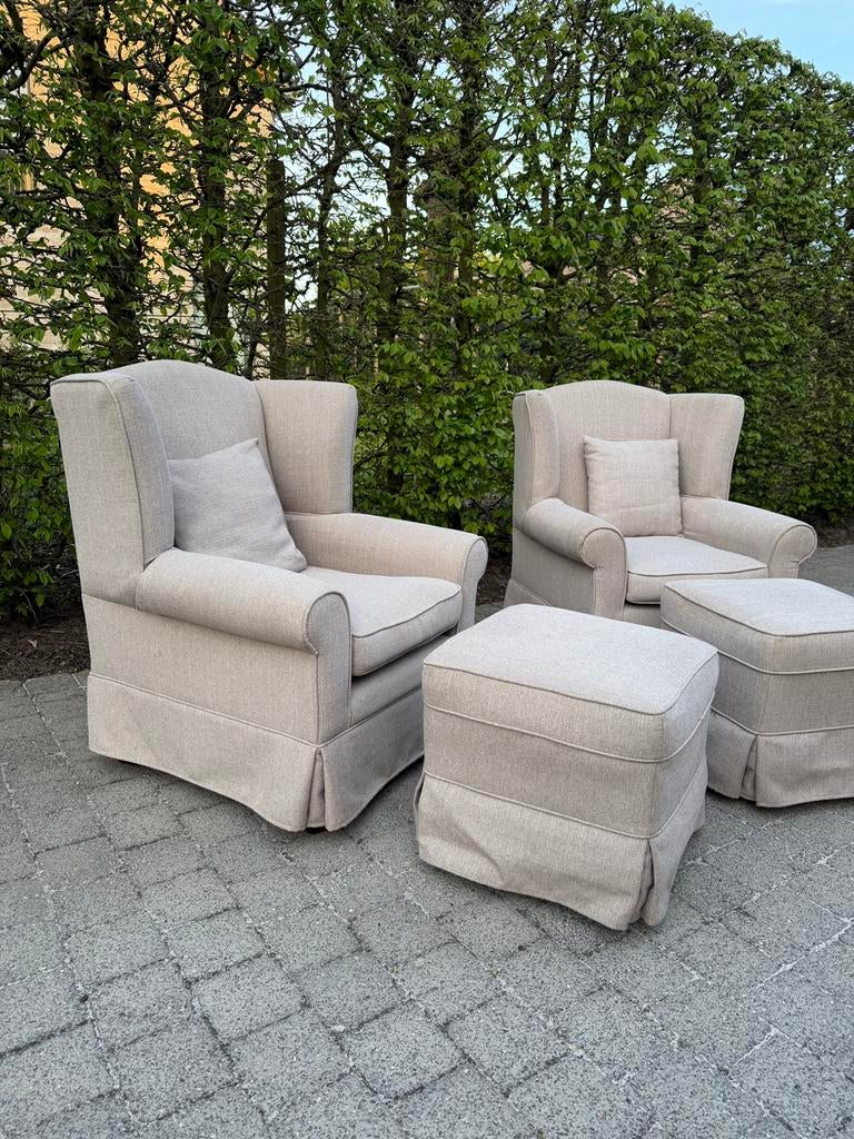 2 beige armchairs met voetbank, Ophalen, Zo goed als nieuw
