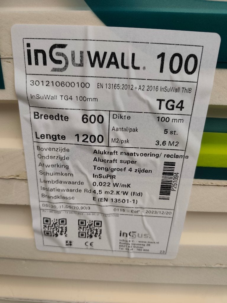 Insuwall TG4 100mm 600x1200 PIR, Doe-het-zelf en Bouw, Isolatie en Afdichting, Ophalen, Dakisolatie, Nieuw, Hardschuim (Pir)