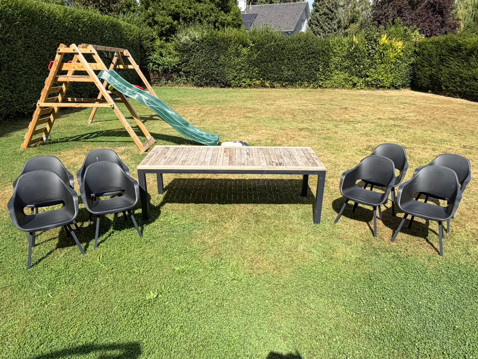 Table extérieur teck/métal Bristol + 8 chaises, Enlèvement, Comme neuf, Rectangulaire, Bois de teck