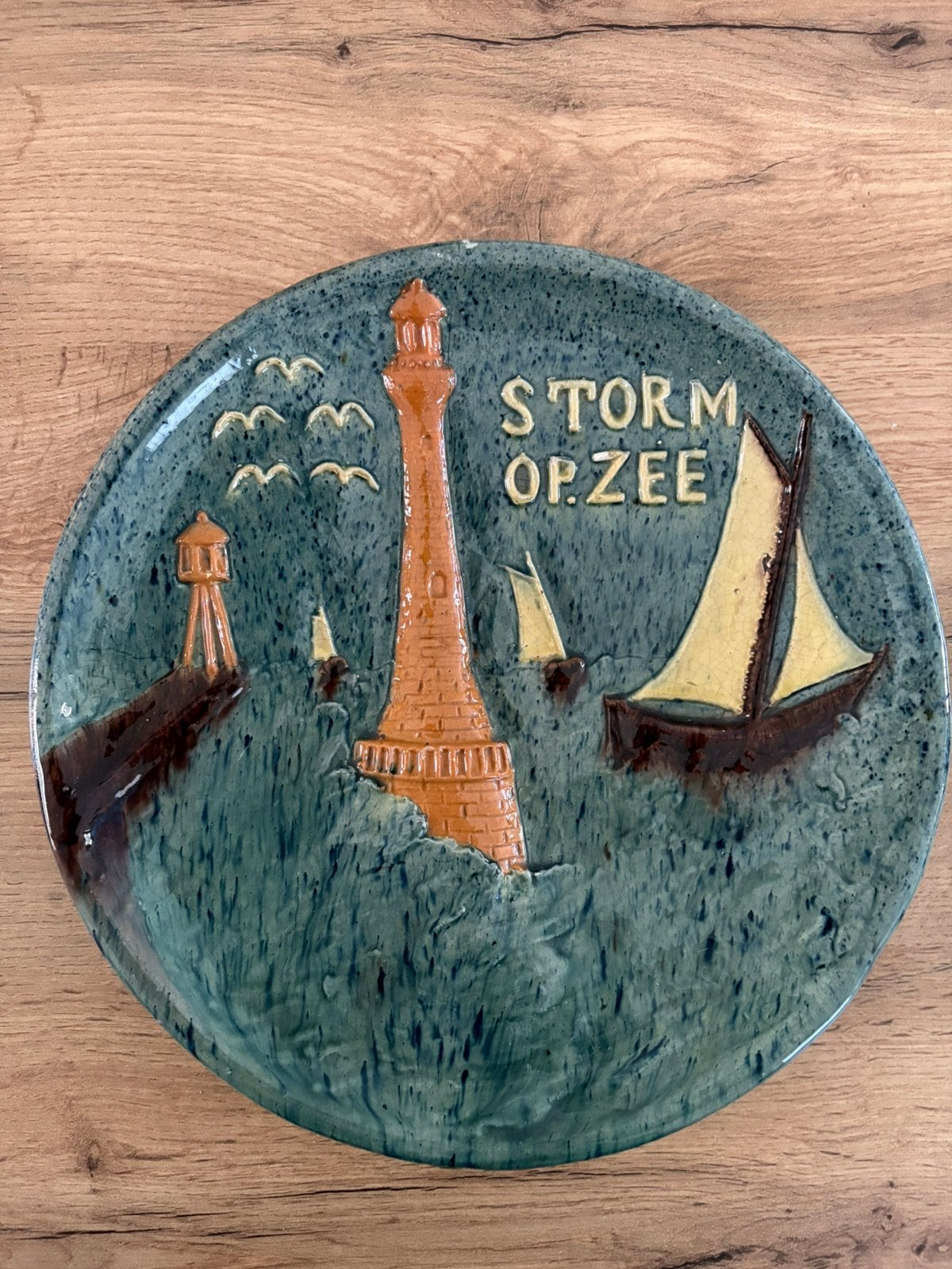 Assiette murale vintage en poterie flamande - Storm op Zee, Enlèvement ou Envoi