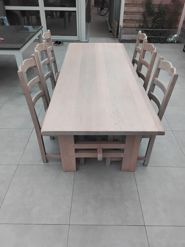 Massief eiken tafel met 6 stoelen, Modern landelijk, Enlèvement, Utilisé, 50 à 100 cm