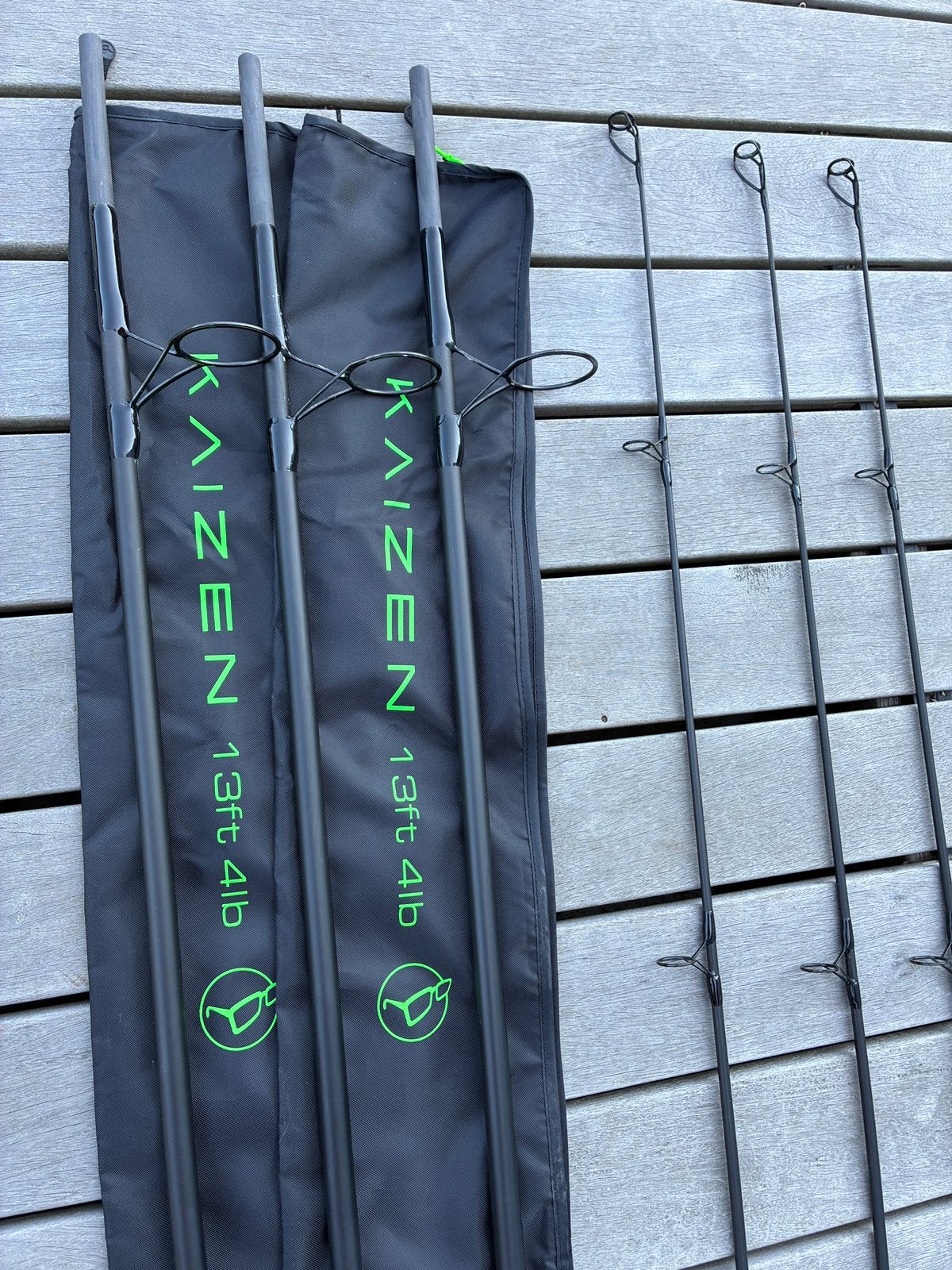 3x Kaizen green 13’ 4.00 lb inc foudraal, Watersport en Boten, Ophalen, Zo goed als nieuw