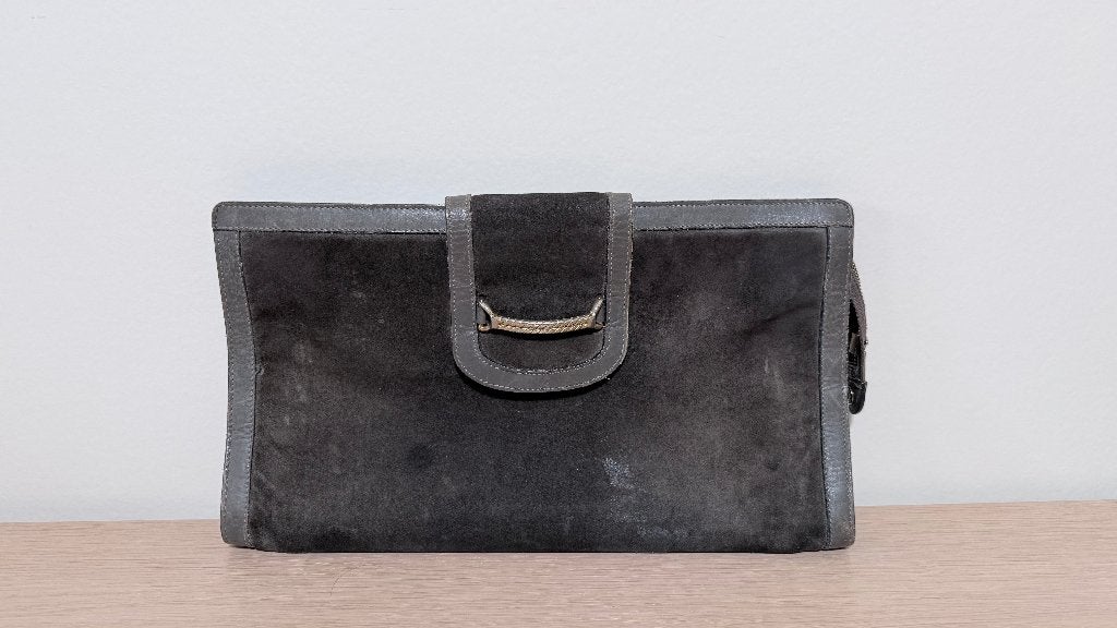 Vintage Suède Clutch / Handtas - Antraciet - Ca. 1960 / 1970, Handtassen en Accessoires, Ophalen of Verzenden, Gebruikt, Grijs