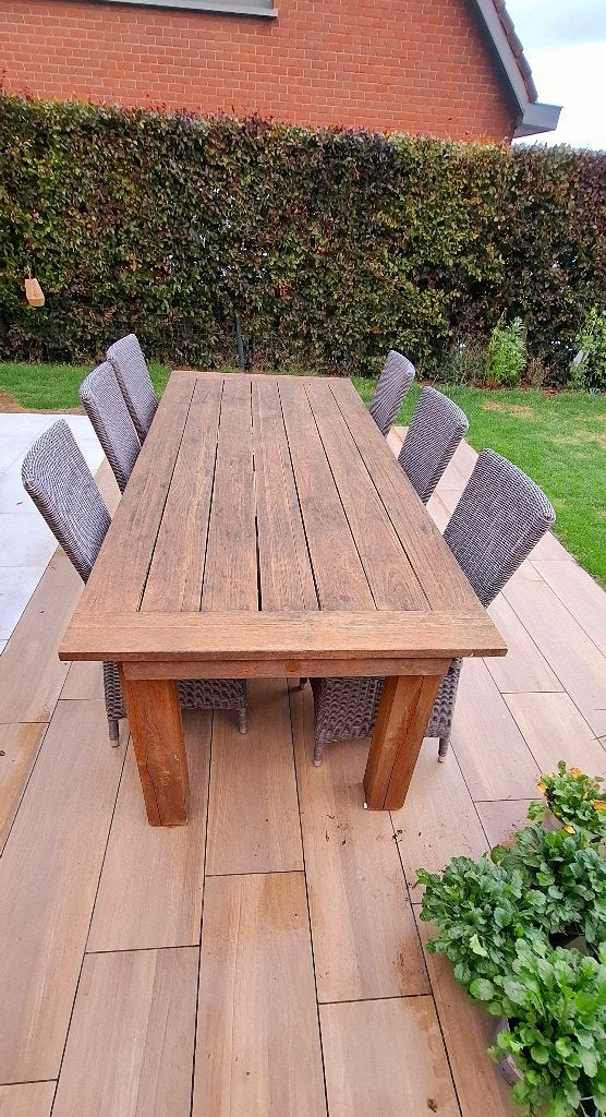 Teak tuintafel en stoelen, Ophalen, Gebruikt, 6 zitplaatsen, Teakhout