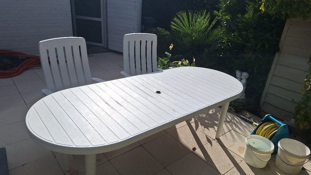 tuinset wit met 6 verstelbare stoelen, Ophalen, Gebruikt, Kunststof, Tuinset