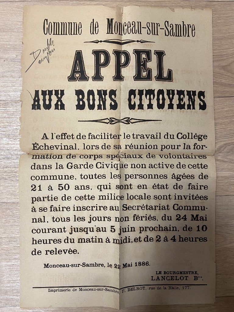 Garde civique - affiche Monceau Charleroi 1886, Envoi, Autres, Photo ou Poster