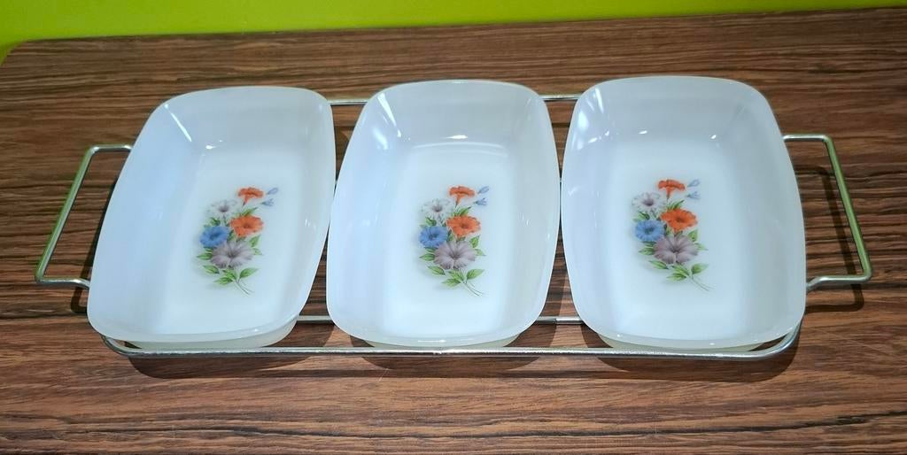 Vintage Arcopal Annemoon 3 serveerschaaltjes in houder, Huis en Inrichting, Ophalen of Verzenden