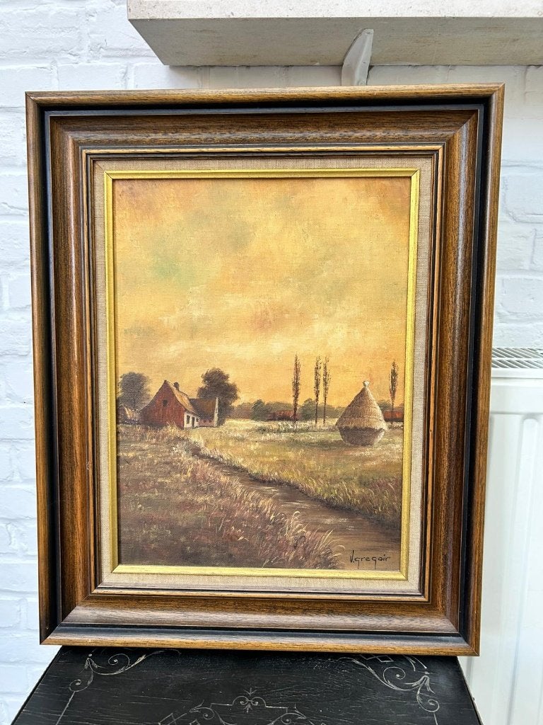 Vlaamse landschap met hoeve - V. Gregoir, Antiek en Kunst, Kunst | Schilderijen | Klassiek, Ophalen, Doek, Realistisch, Olieverf