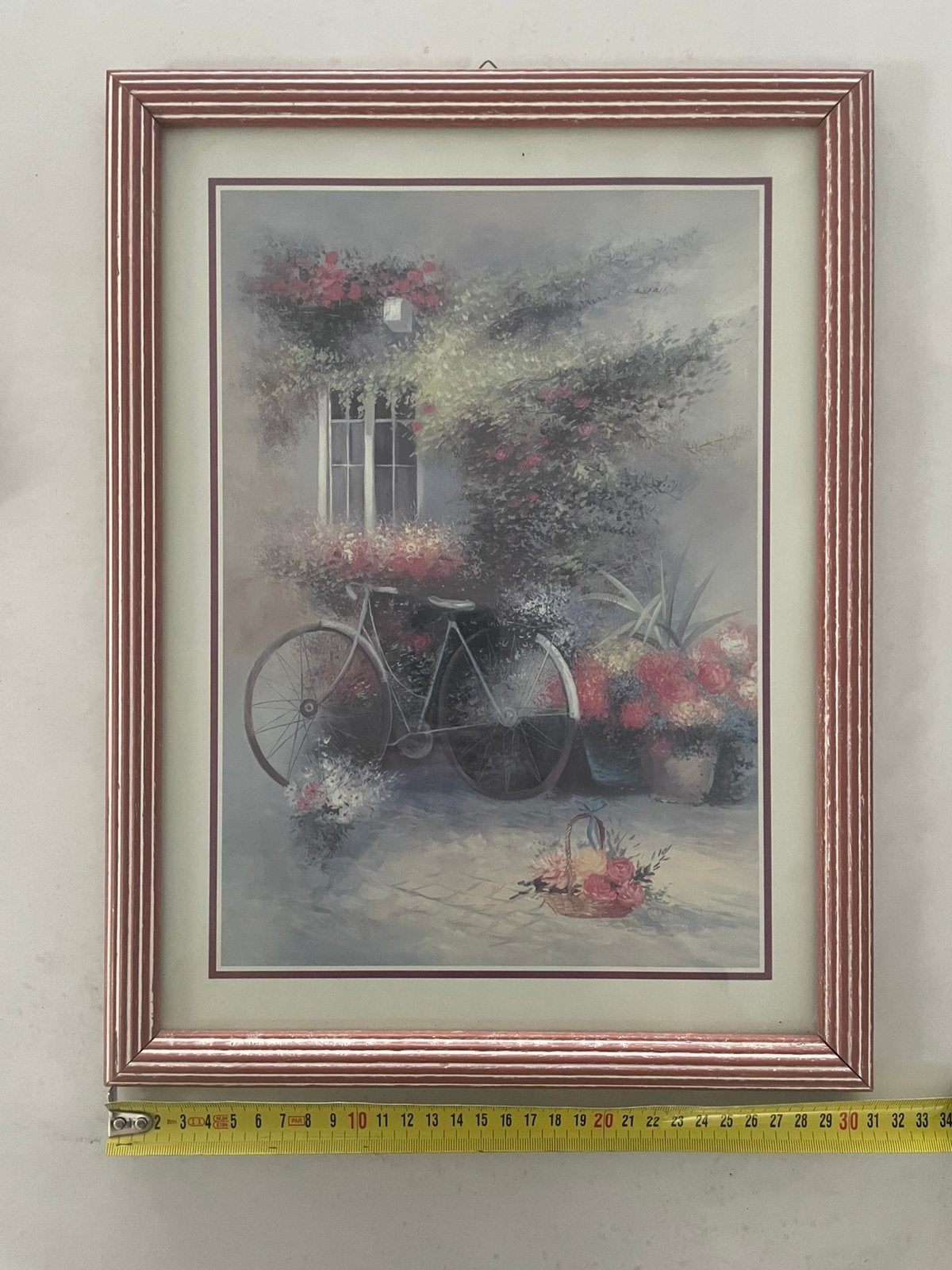 Nouvelle peinture avec un vélo et des fleurs, encadrée, Antiquités & Art, Enlèvement ou Envoi