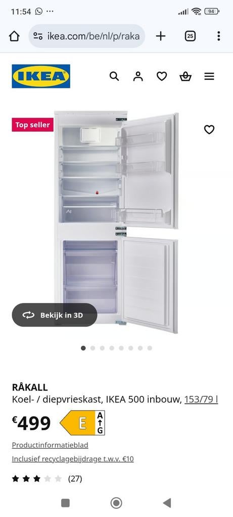 Ikea inbouw koelkast en vriezer, Elektronische apparatuur, Koelkasten en IJskasten, Ophalen