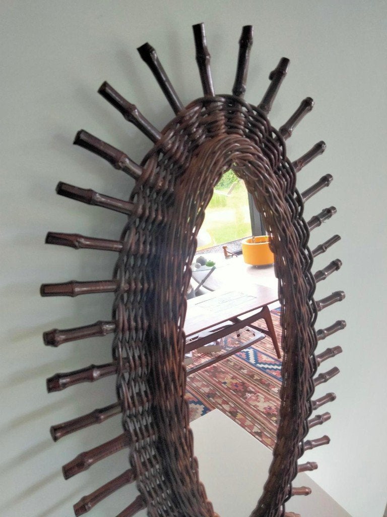 1970s vintage Boho spiegel rotan bamboe, Huis en Inrichting, Woonaccessoires | Spiegels, Minder dan 50 cm, Gebruikt, Ophalen of Verzenden