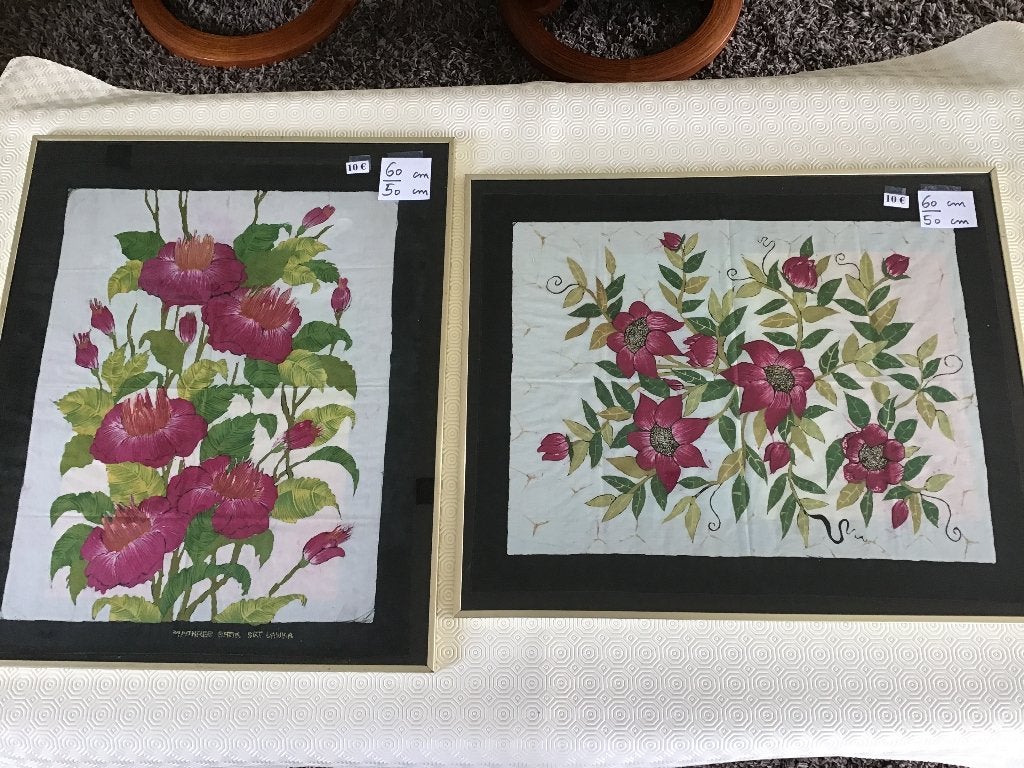 2 batik werkjes ingekaderd 60 cm op 50 cm, Antiek en Kunst, Kunst | Niet-Westerse kunst, Ophalen of Verzenden