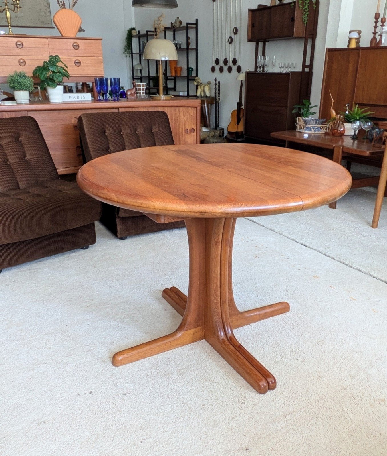 Vintage Deense teakhouten ronde uitschuifbare eettafel, Ophalen, Teakhout