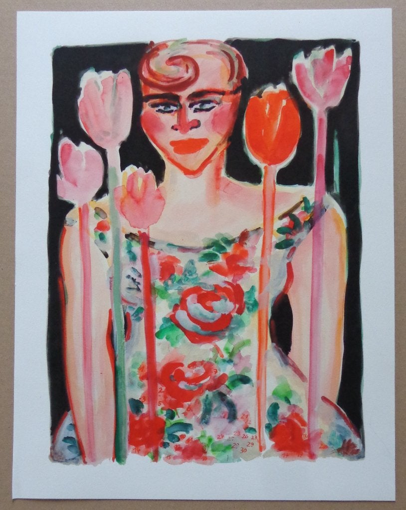 ELVIRA BACH / FLEURIGE DAME / KLEURGICLEE / 40x31cm, Édition limitée, Enlèvement ou Envoi, Portraits et figures, Giclée