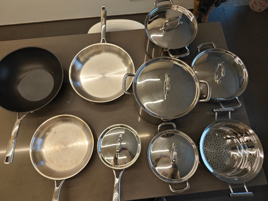 Qdesign kookpotten en pannenset inox met wok en stoominzet, Huis en Inrichting, Ophalen, Inox, Gebruikt, Met deksel