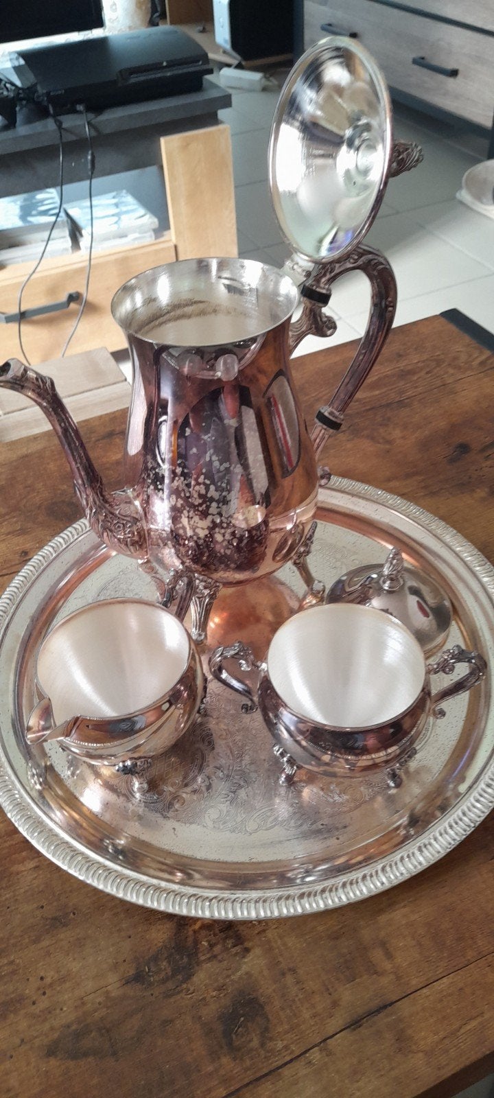 Vintage roséverzilverd servies met 4 elementen, Antiek en Kunst, Ophalen of Verzenden