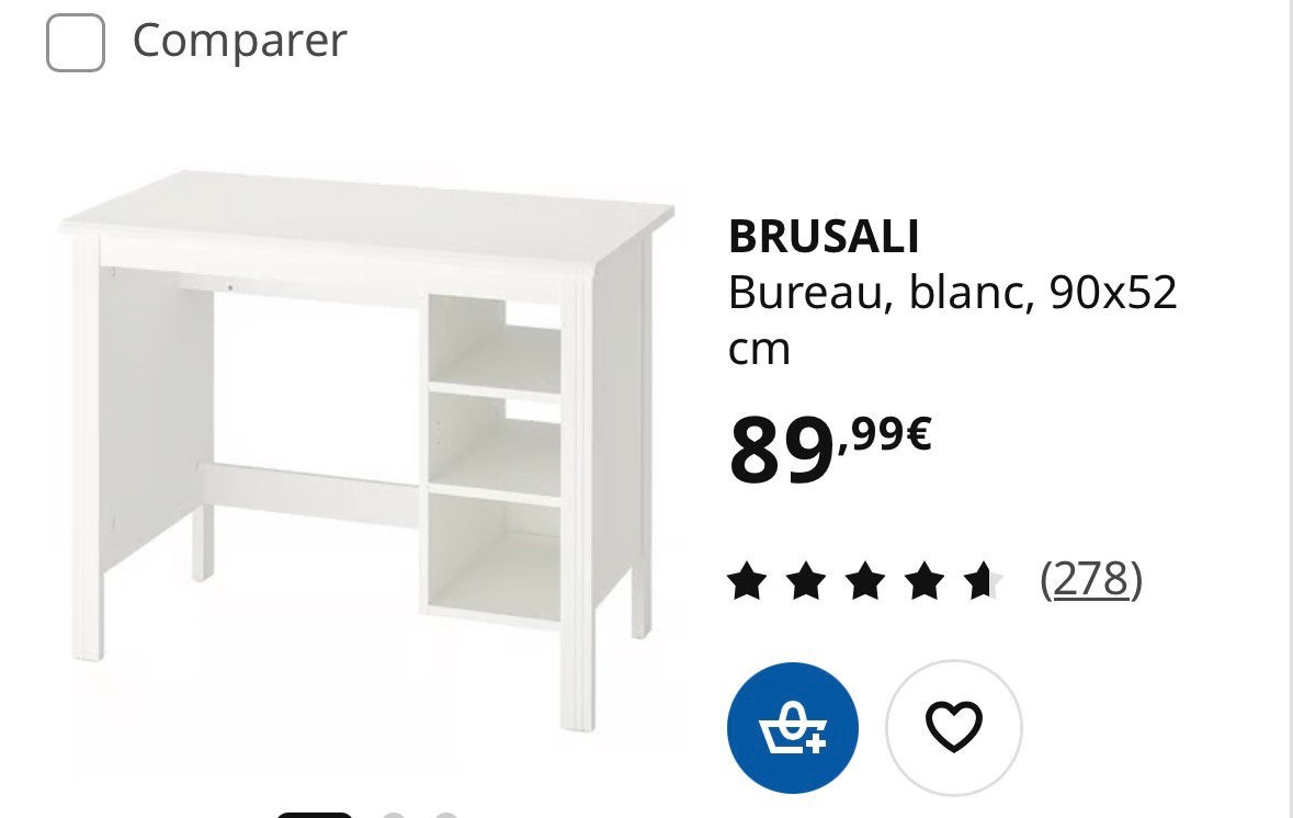 Bureau blanc IKEA BRUSALI – 90x52 cm + Chaise offerte, Enlèvement, Comme neuf, IKEA, Blanc
