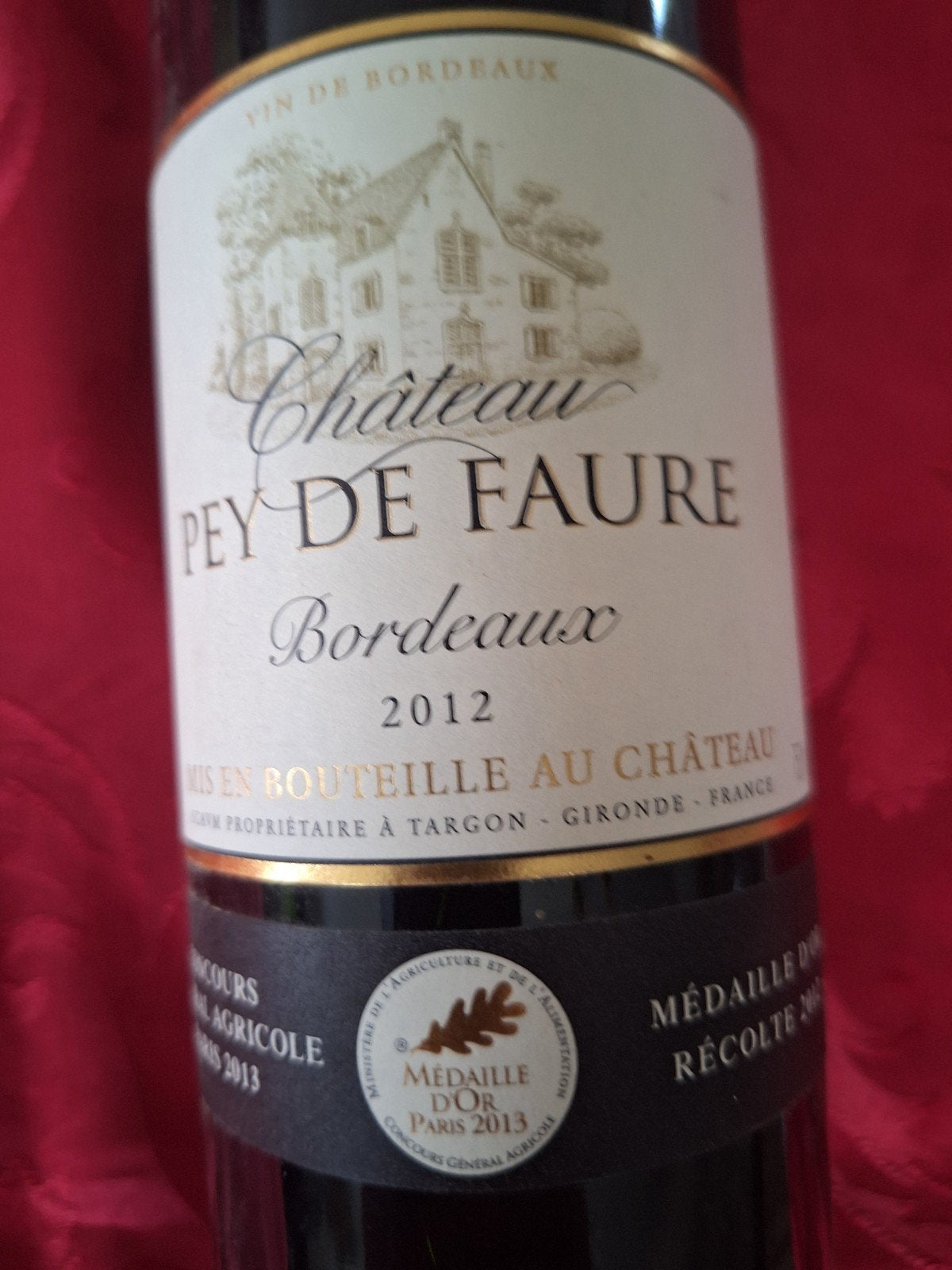 vin rouge Château Pey de Faure Bordeaux 2012, mis au Château, Collections, Neuf, Pleine, Enlèvement, Vin rouge