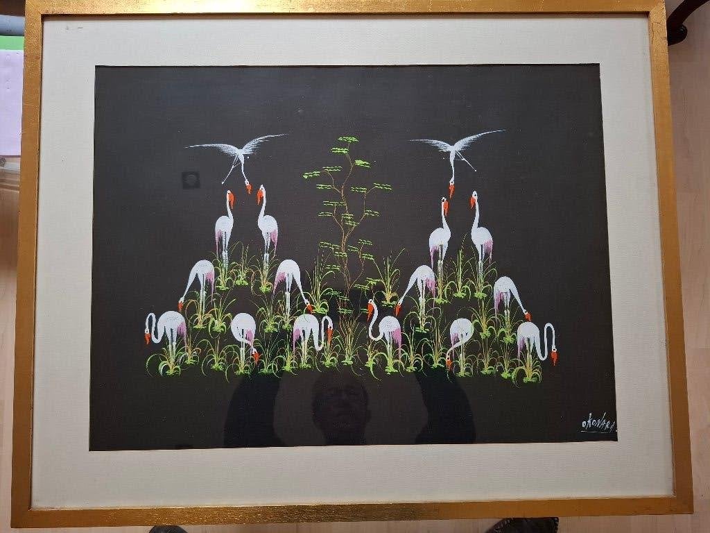 Vintage Congolese Gouache / Schilderij Vogels – 79x63 cm, Antiek en Kunst, Ophalen, Gouache, Dieren, Origineel werk