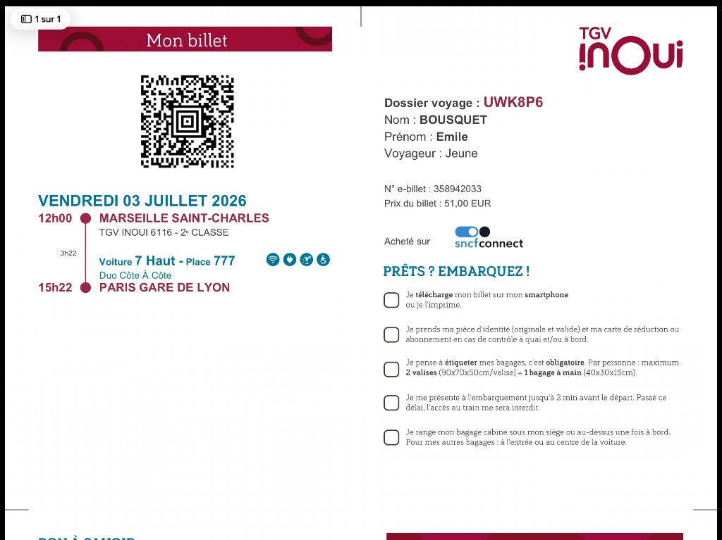 Billets de TGV (2 personnes), Tickets & Billets, Deux personnes, Train, Avec destination ou date