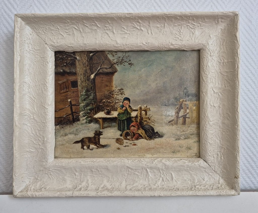 Antiek winters tafereel – olieverf op paneel, Antiek en Kunst, Ophalen, Ingelijst, Olieverf, Paneel
