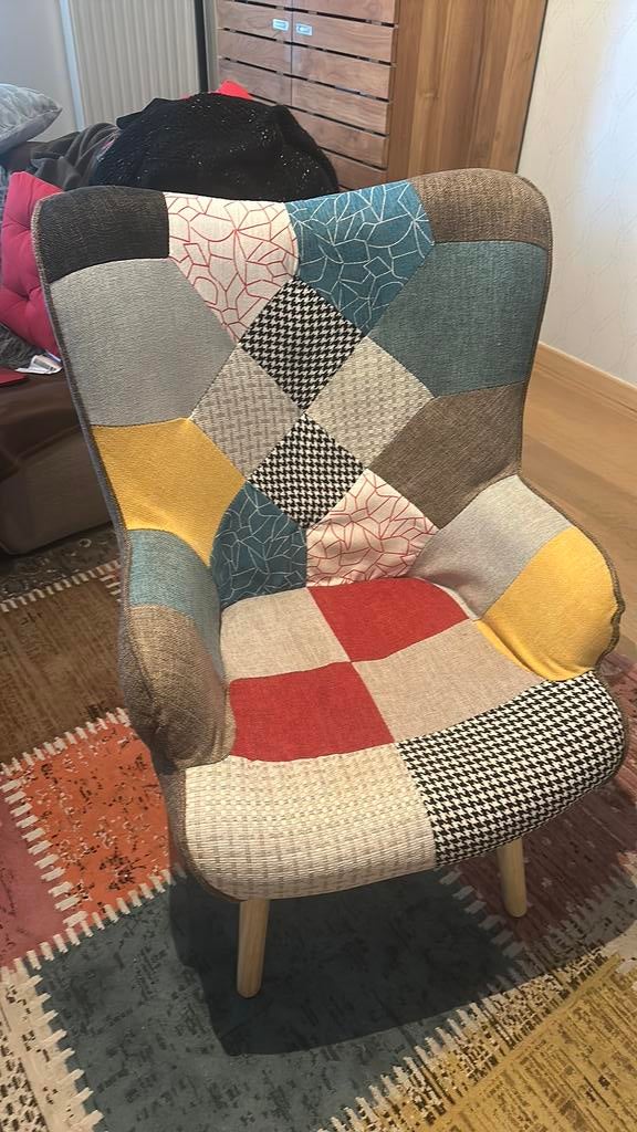 Fauteuil in stof met bankje patchwork als nieuw, Ophalen, Zo goed als nieuw, Stof