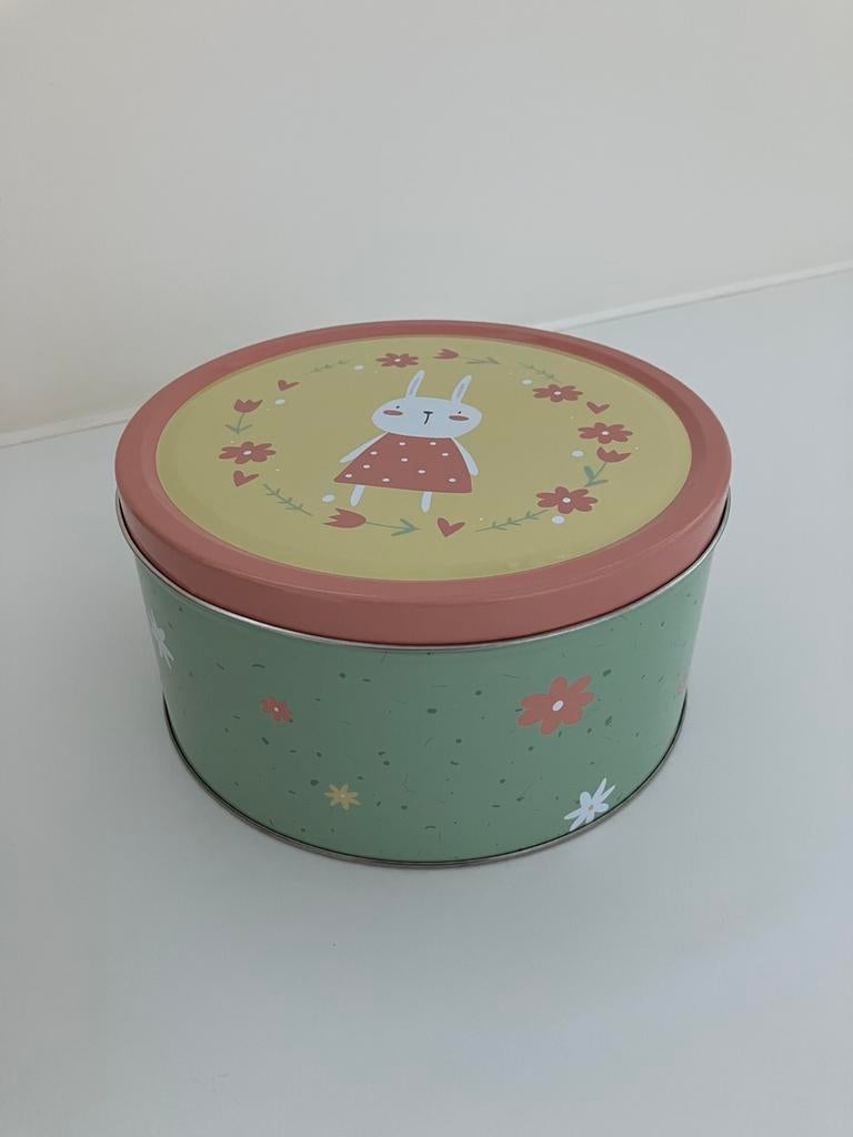 Koekjes trommel / doos uit blik met konijn / lente motief, Verzamelen, Ophalen of Verzenden, Zo goed als nieuw, Koek(jes)