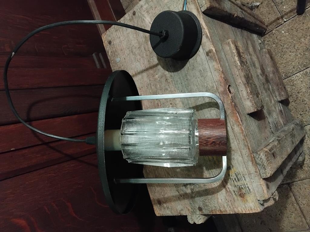 Vintage, retro zwart metalen hanglamp, Ophalen of Verzenden, Gebruikt, Glas, Vintage,  retro