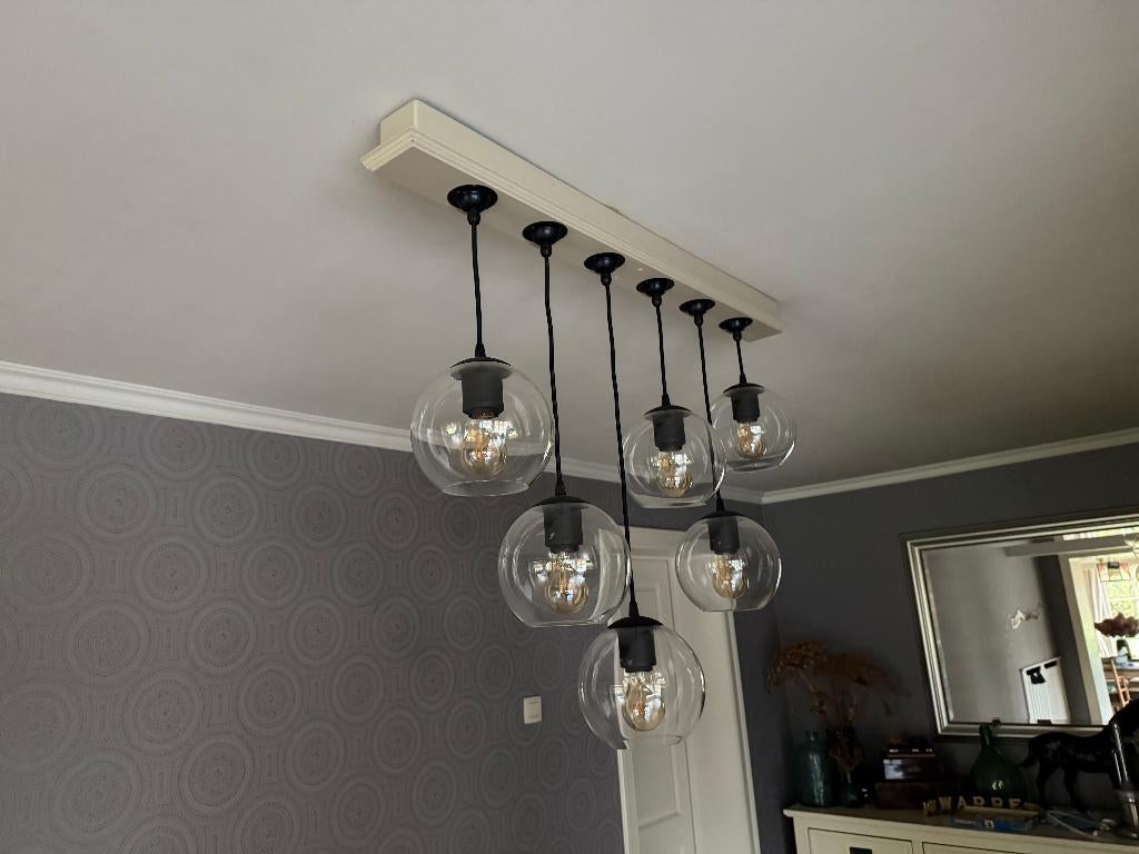 6 delige hanglamp / luster glazen bollen., Ophalen, Glas