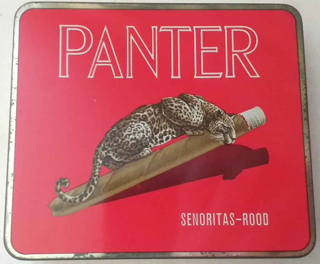 oude blikken sigarendoos - Panter Senoritas-Rood, Verzamelen, Blikken, Ophalen of Verzenden