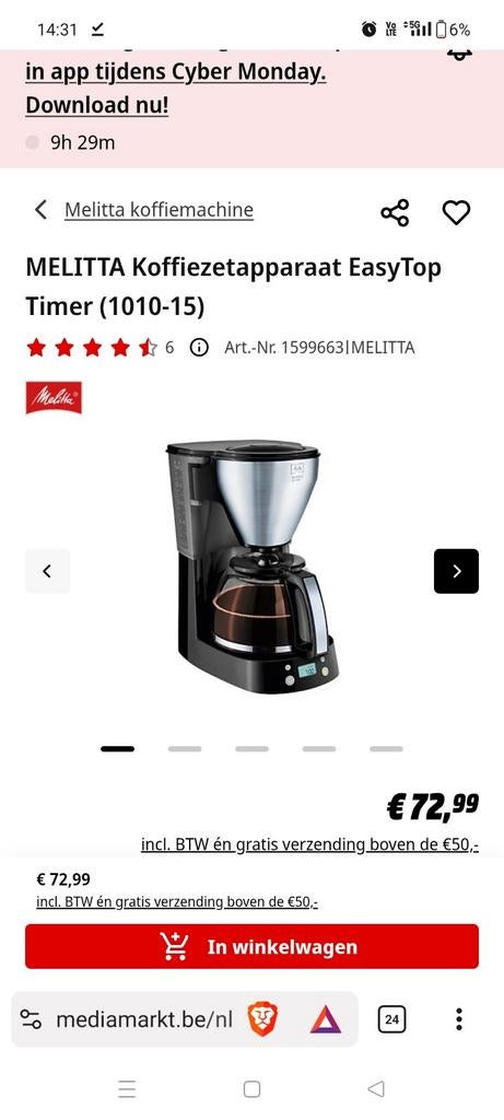 Melitta time easytop filter koffiezet apparaat nieuw, Electroménager, Enlèvement