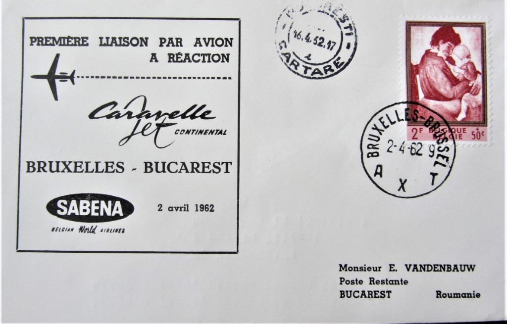 FDC SABENA- BRUSSEL- BUCAREST 1962, Enlèvement ou Envoi, Affranchi, Avions