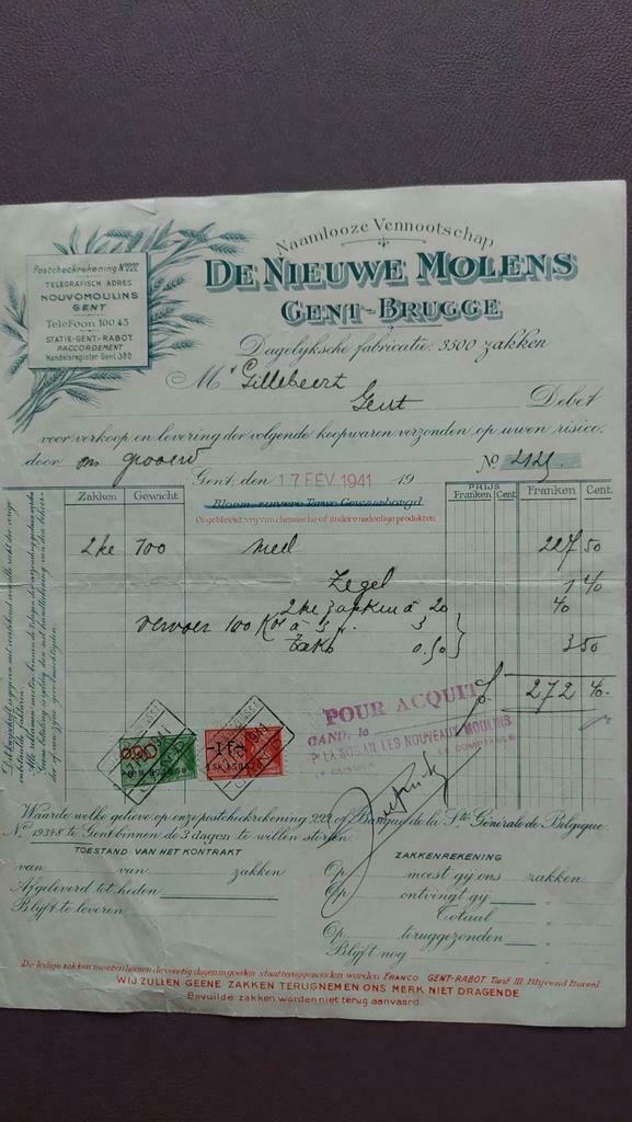 Ancienne facture. Les Nouveaux Moulins Gand-Bruges de 1941, Enlèvement ou Envoi