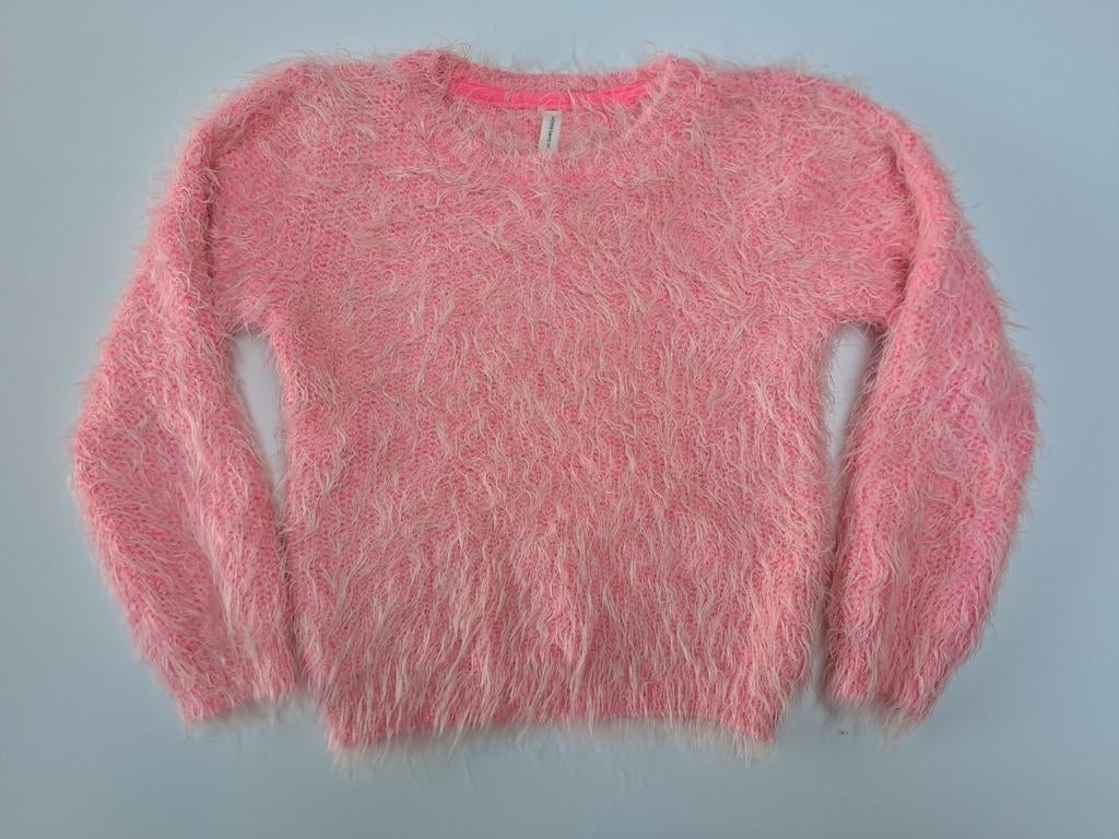 Mt 128 Fluoroze gebreide trui met witte haren, Kinderen en Baby's, Meisje, Trui of Vest, Ophalen of Verzenden, Zo goed als nieuw