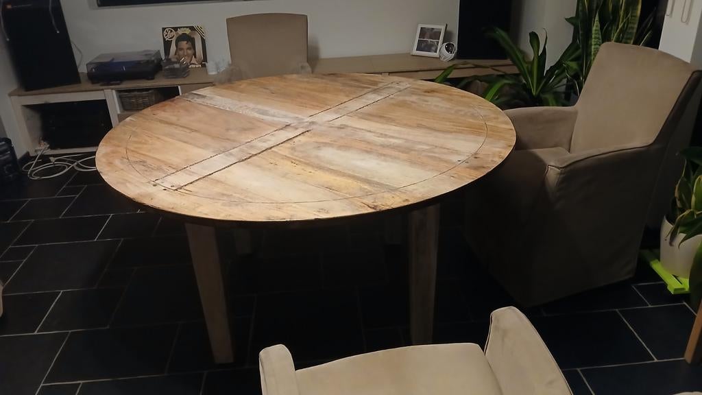 Massief houten eettafel diameter 150 cm., Huis en Inrichting, Tafels | Eettafels, Ophalen, Gebruikt, 150 tot 200 cm, Rond