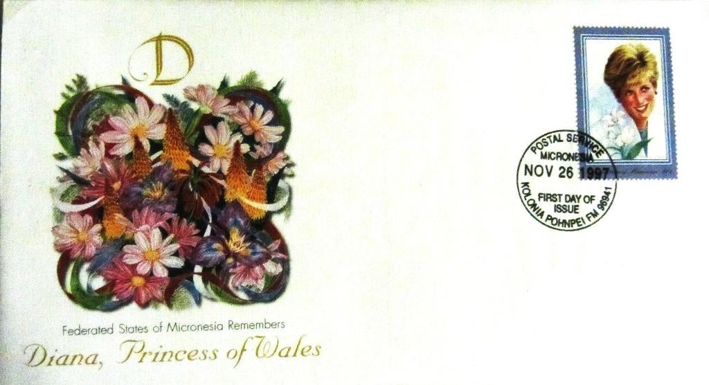 GROTE FDC- PRINSES DIANA MET POSTZEGEL MICRONESIA, Ophalen of Verzenden, Gestempeld, Koningshuis
