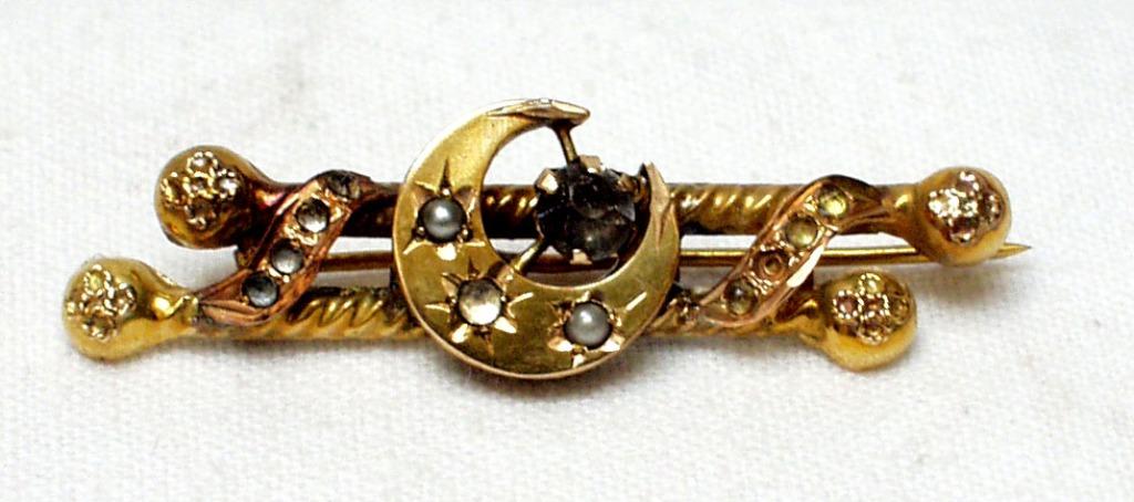 Broche bijou en verre doré en forme de croissant perlé., Bijoux, Sacs & Beauté, Bijoux anciens, Enlèvement ou Envoi, Or, Broche