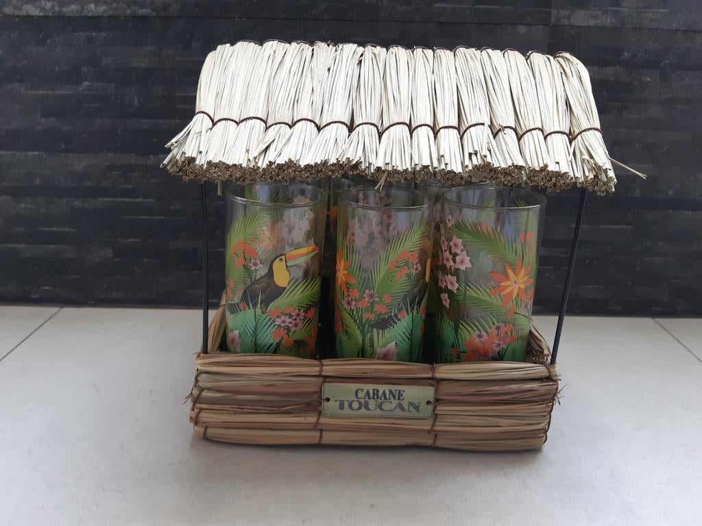 Cabane Toucan avec 6 verres Maison du Monde, Enlèvement, Comme neuf, Verre à soda