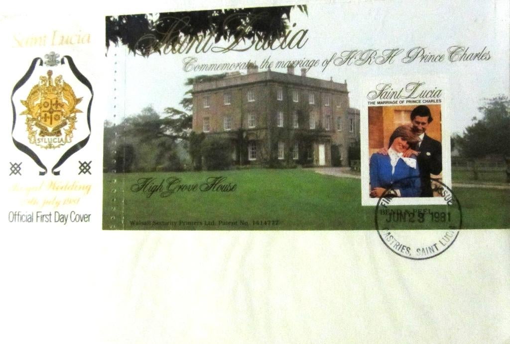GROTE FDC HUWELIJK PRINS CHARLES MET LADY DIANA- SAINT LUCIA, Enlèvement ou Envoi, Affranchi, Dynastie